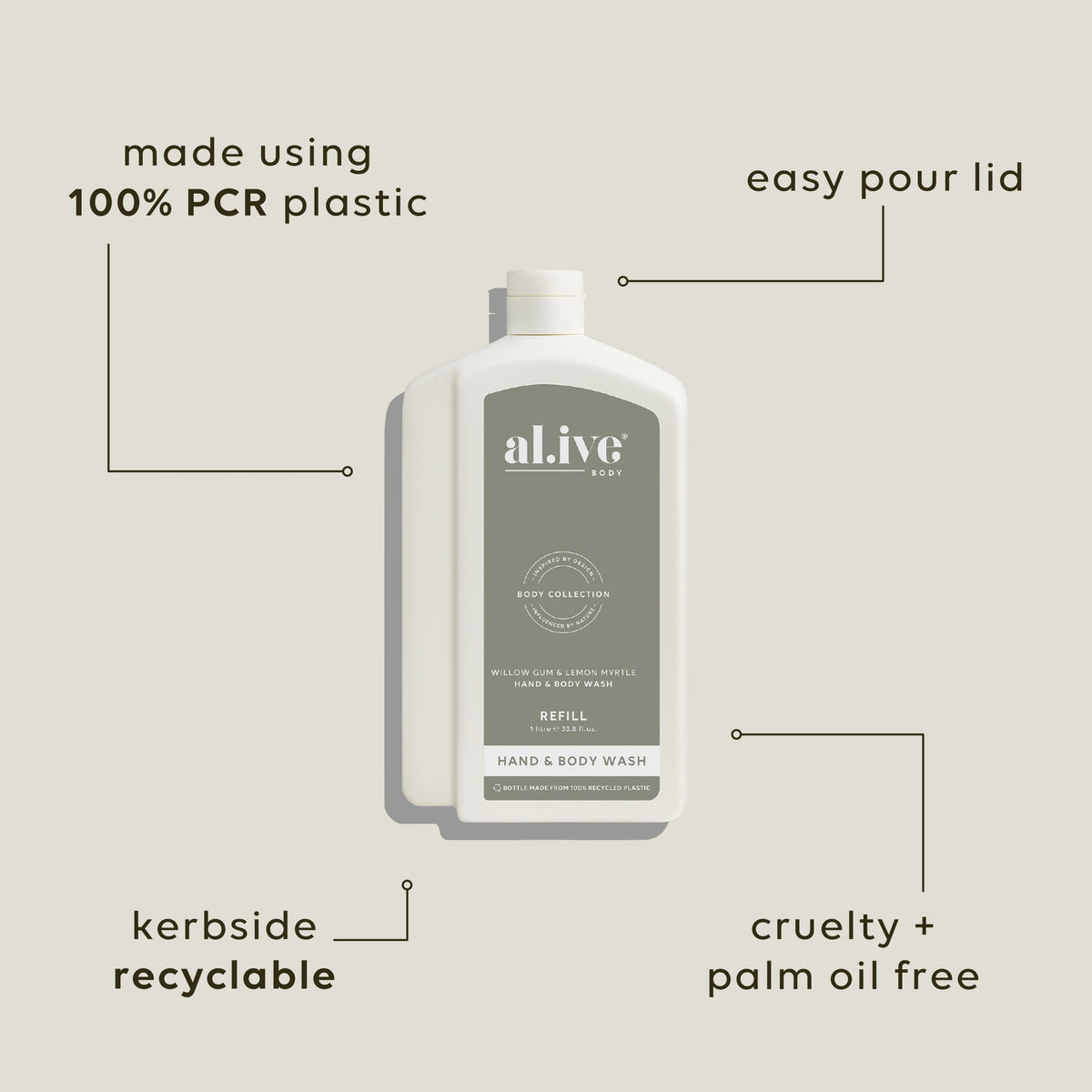 al.ive body Hand & Body Wash Refill Willow Gum & Lemon Myrtle - lifestyle shot