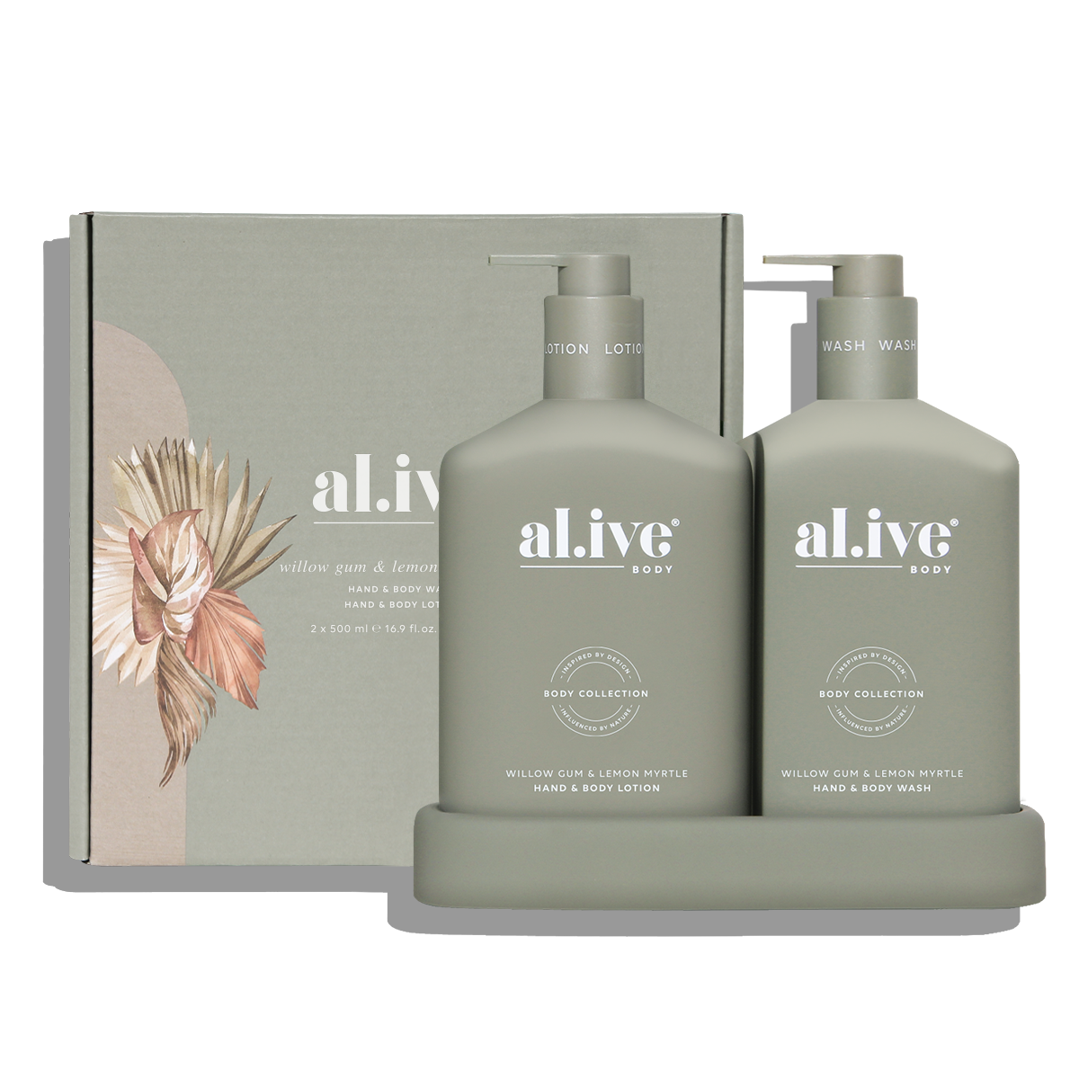 al.ive body Bathroom Duo Willow Gum & Lemon Myrtle - Hand & Body Wash and Lotion with tray