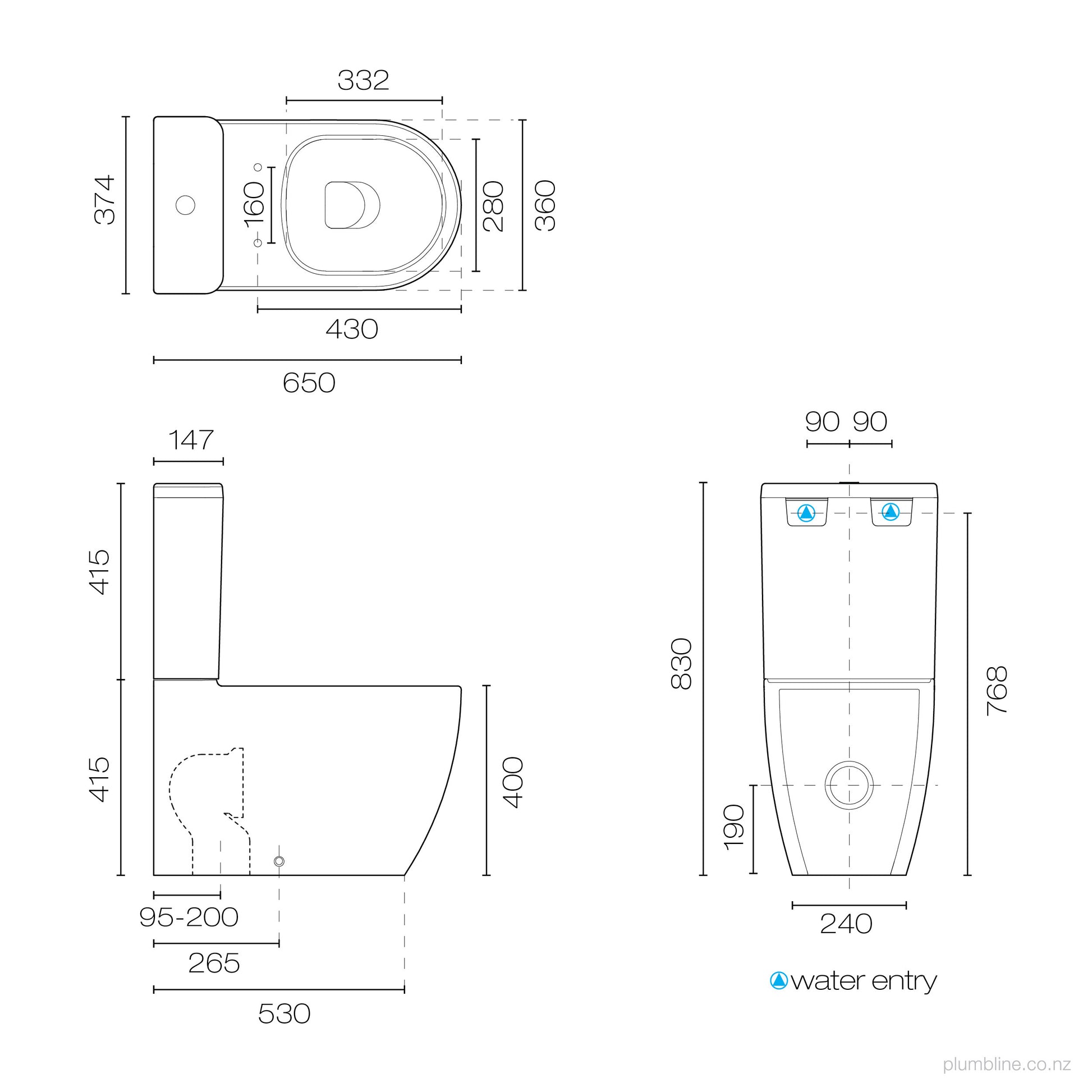 Zen II Rimless Back to Wall Toilet Suite Slim Seat Gloss White Specs and Dimensions
