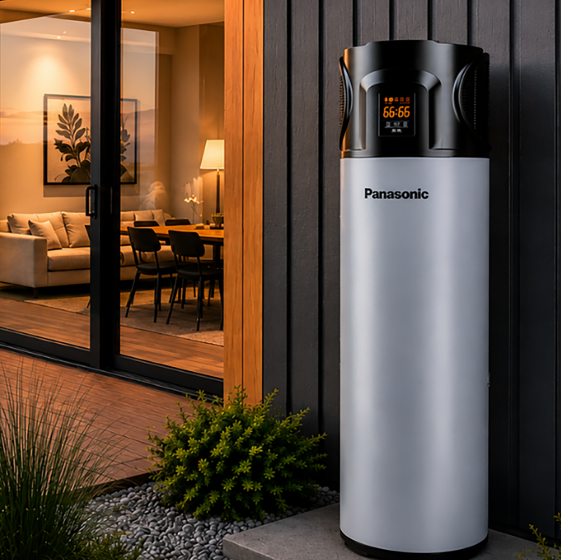A Panasonic water heater unit in a tall cylindrical silver and black container stands beside a modern house exterior at sunset. The scene includes a wooden deck, glass sliding doors, a living room interior, lawn, shrubs, and distant water and hills.