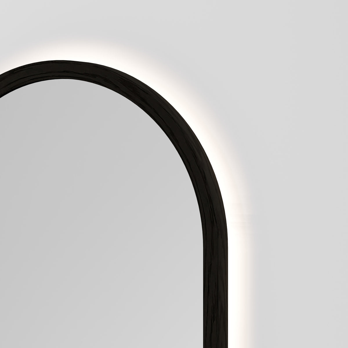 Sora Oval LED Mirror 500x1050 in Dark Ash finish, detail view