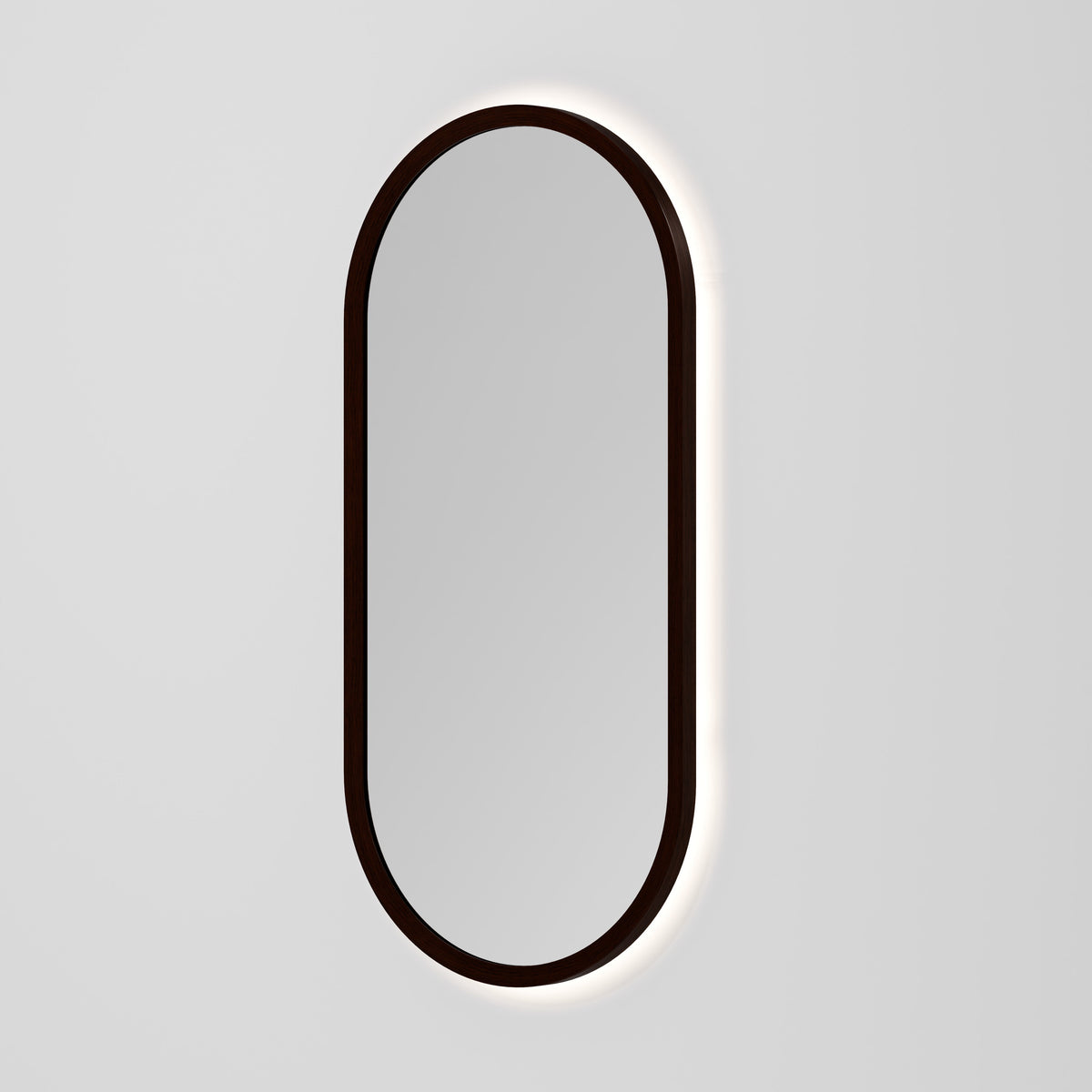 Sora Oval LED Mirror 500x1050 in Walnut Ash finish, alternate view