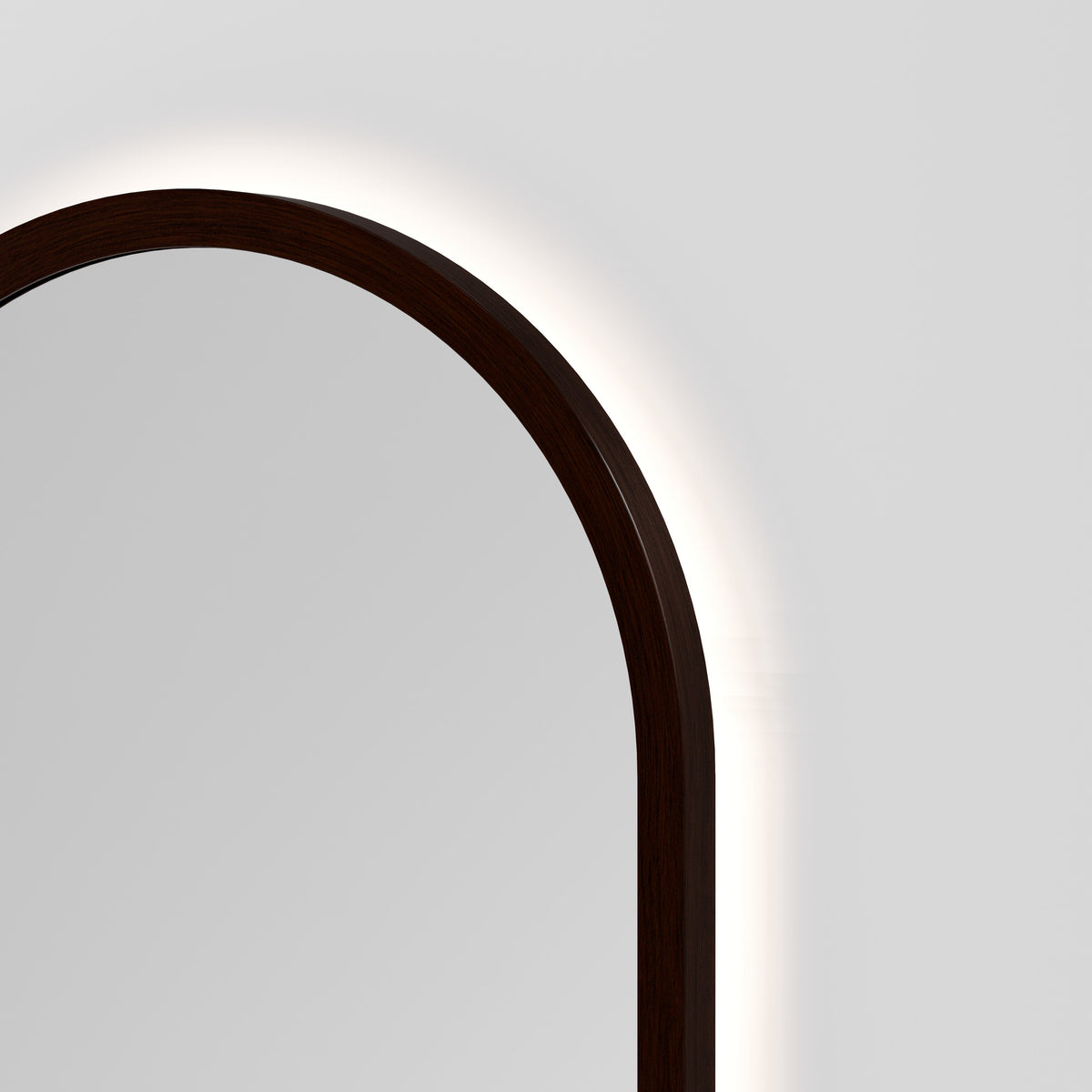 Sora Oval LED Mirror 500x1050 in Walnut Ash finish, detail view