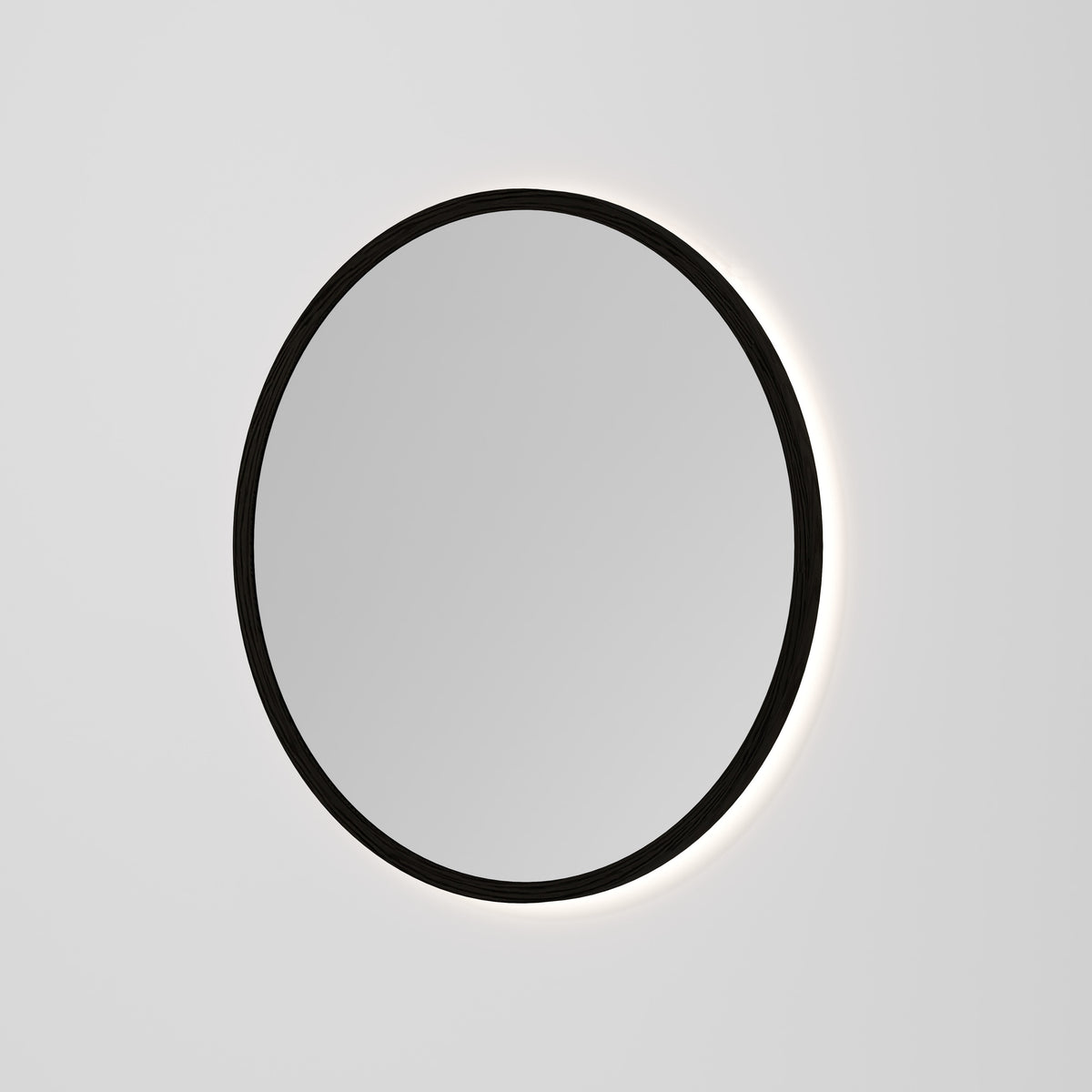 Sora Round LED Mirror 850 in Dark Ash finish, alternate view