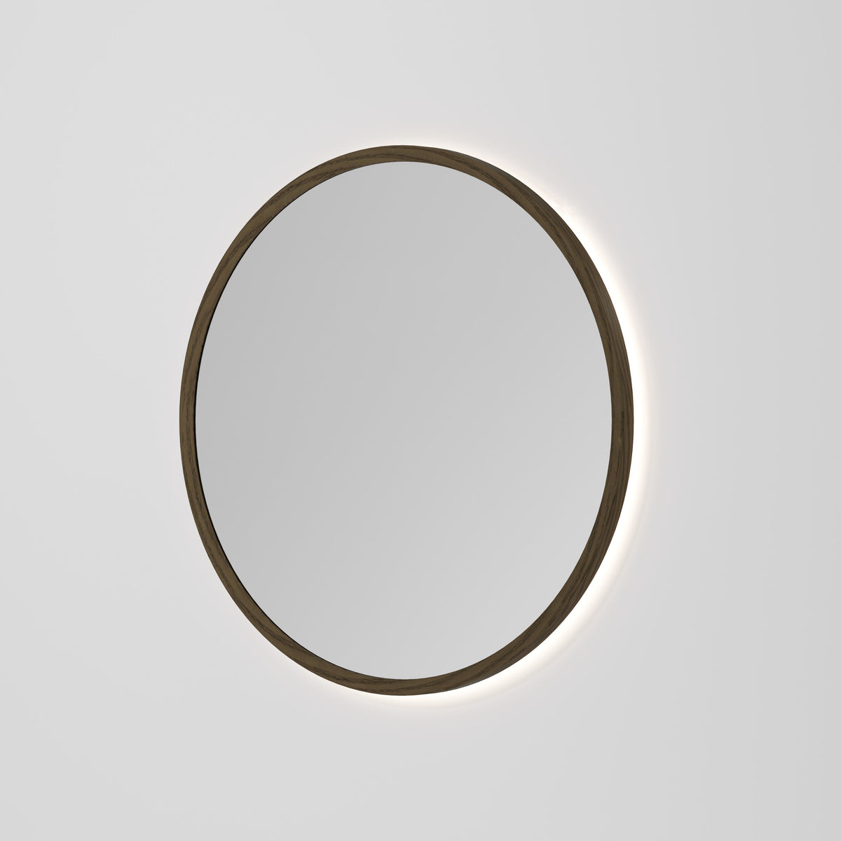 Sora Round LED Mirror 850 in Smoked Ash finish, alternate view