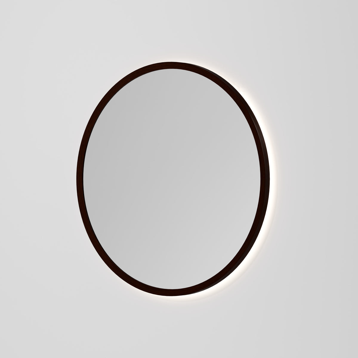 Sora Round LED Mirror 850 in Walnut Ash finish, alternate view
