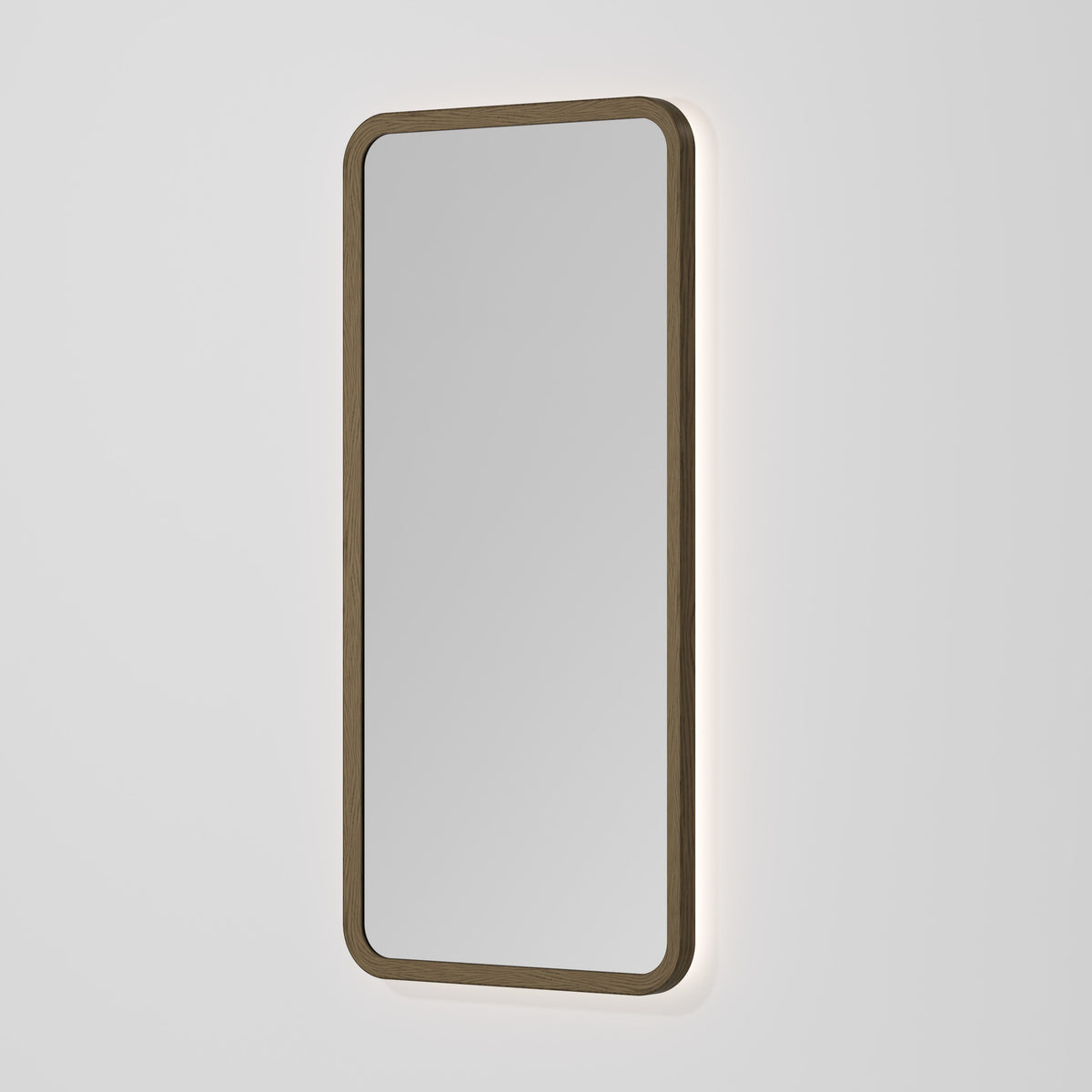 Sora Rectangle LED Mirror 500x1050 in Smoked Ash finish, alternate view