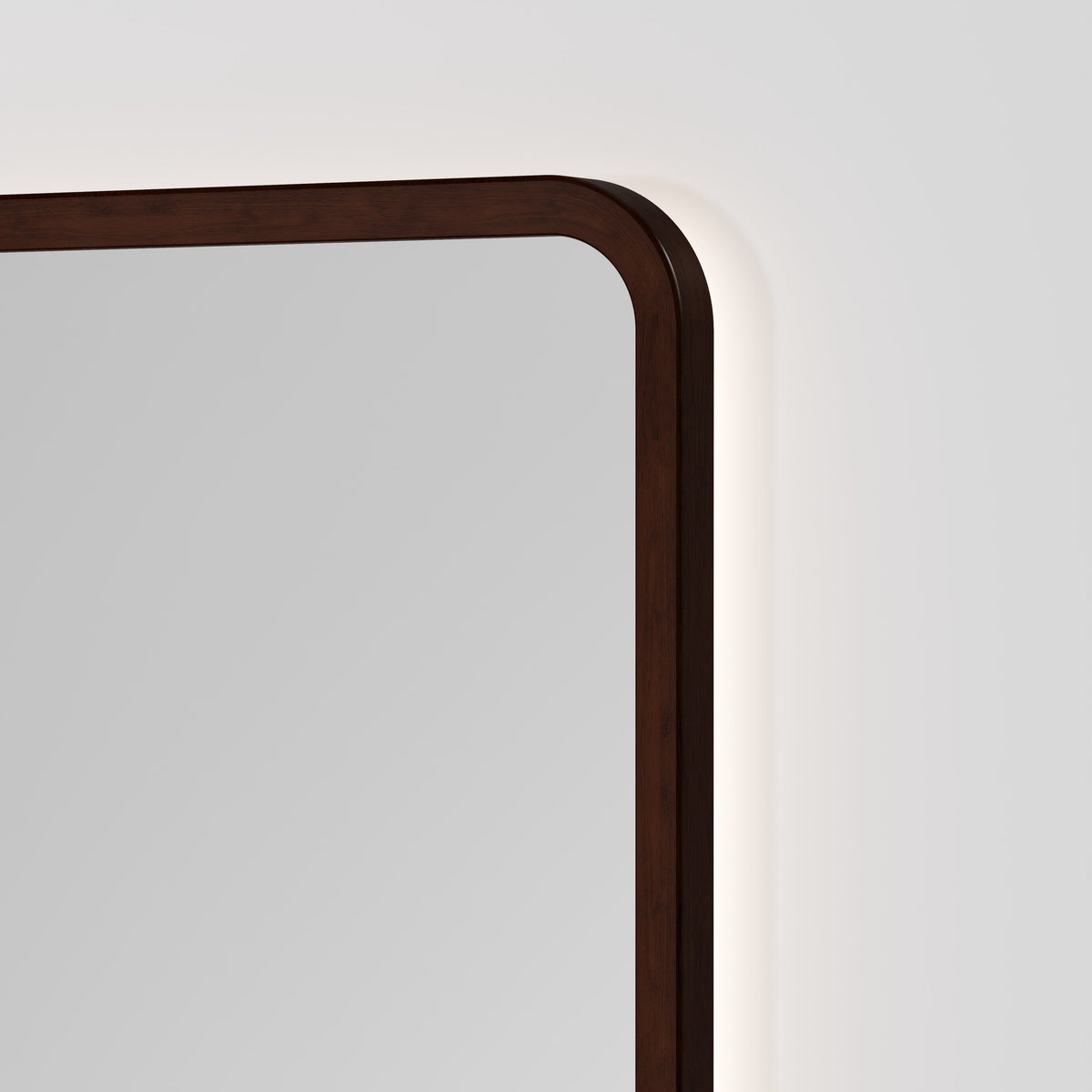 Sora Rectangle LED Mirror 500x1050 in Walnut Ash finish, detail view
