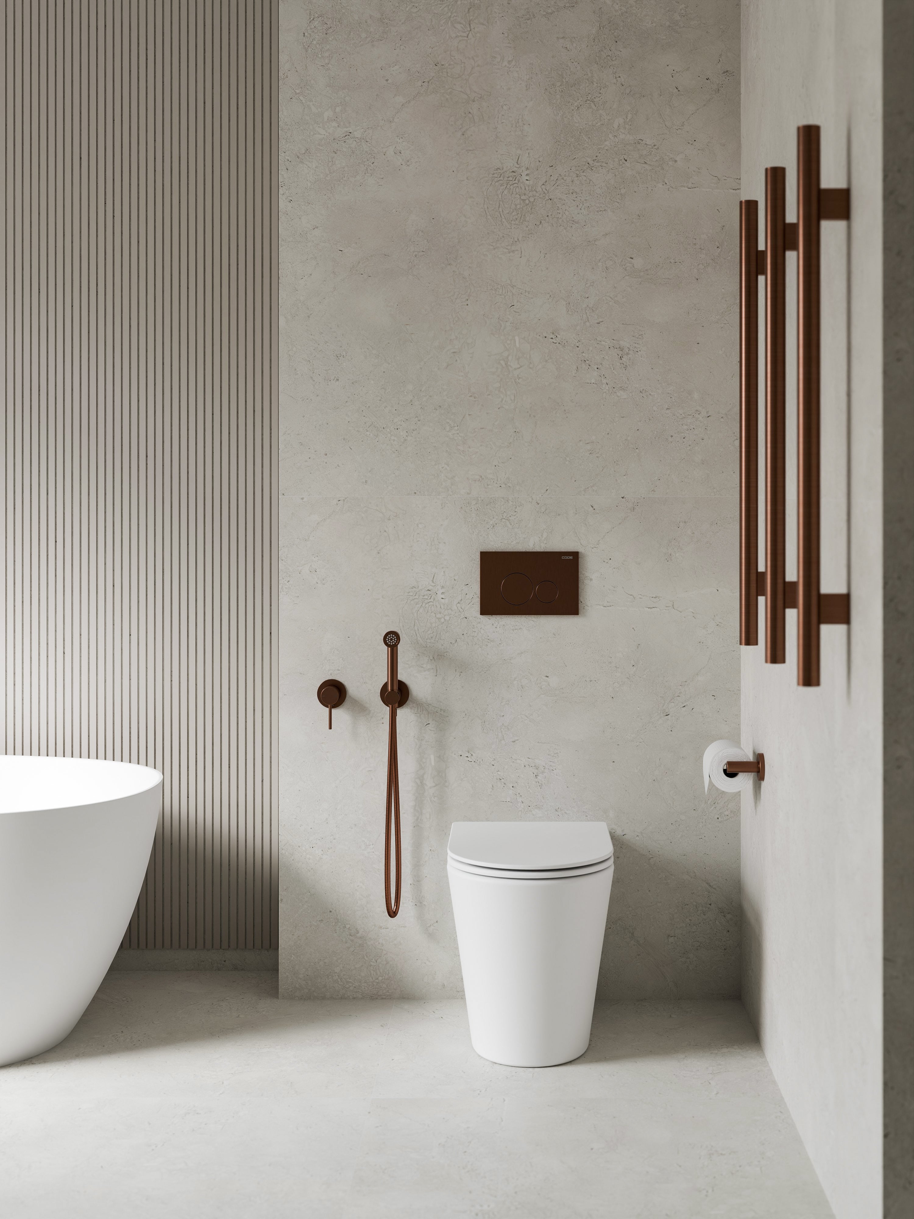CODE PURE TYPHOON INWALL TOILET SUITE | BRUSHED COPPER BUTTON