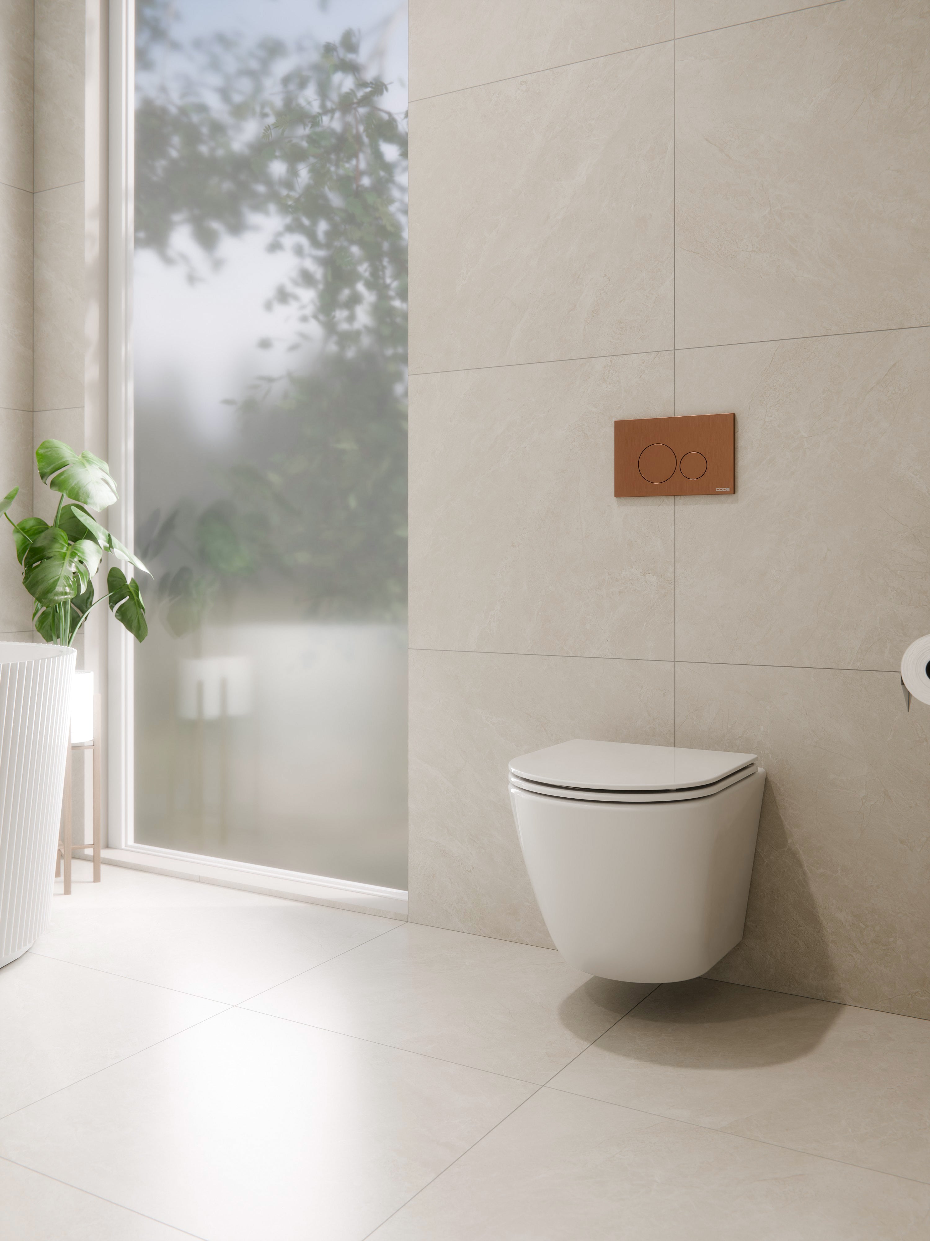 CODE FLOW TYPHOON WALL HUNG TOILET SUITE | BRUSHED COPPER BUTTON