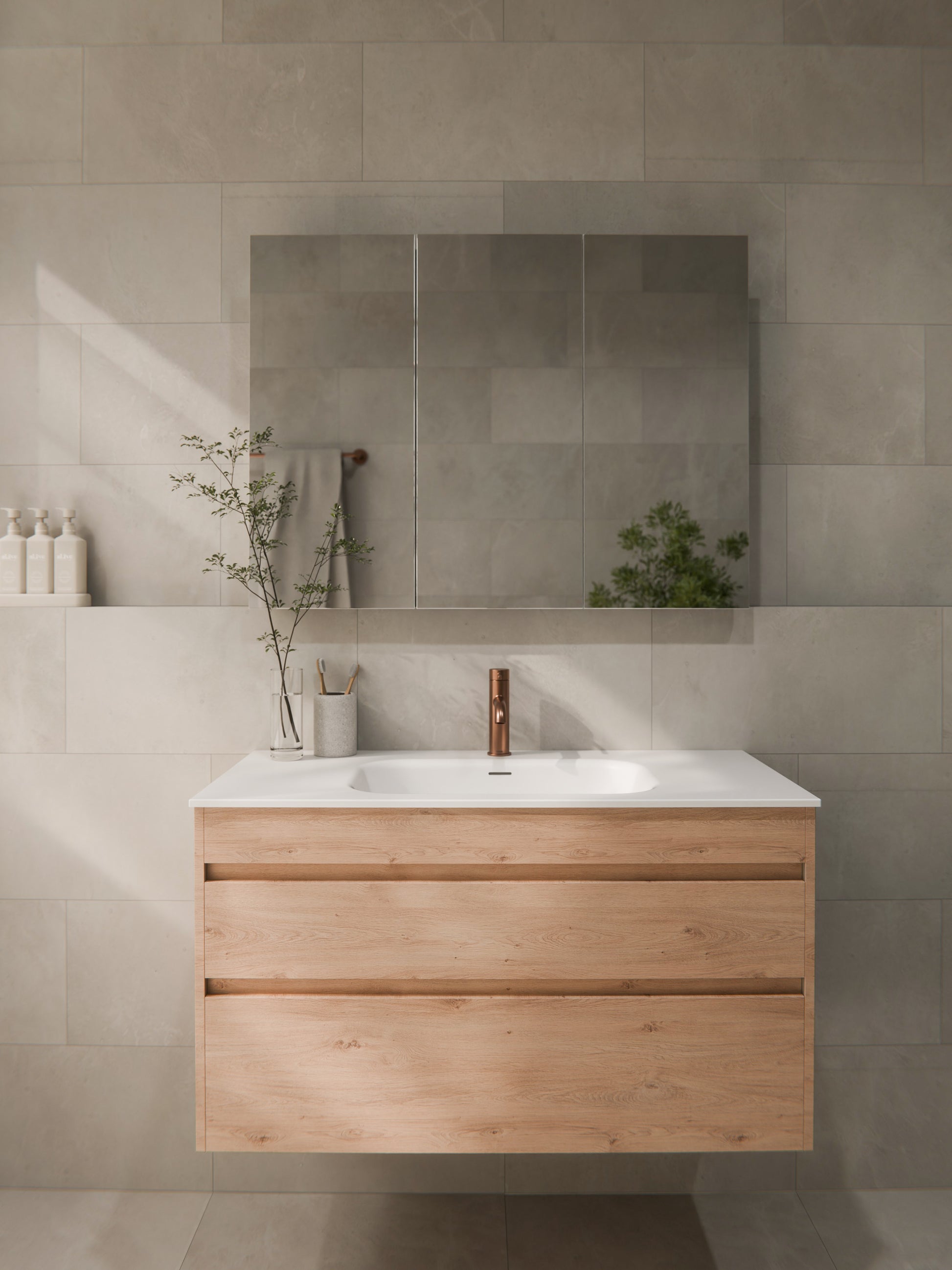 code-interiors-luxe-750-wall-floating-vanity-classic-oak-timberland-finish-two-drawer-bathroom-setting-luxe-mirror-cabinet-alive