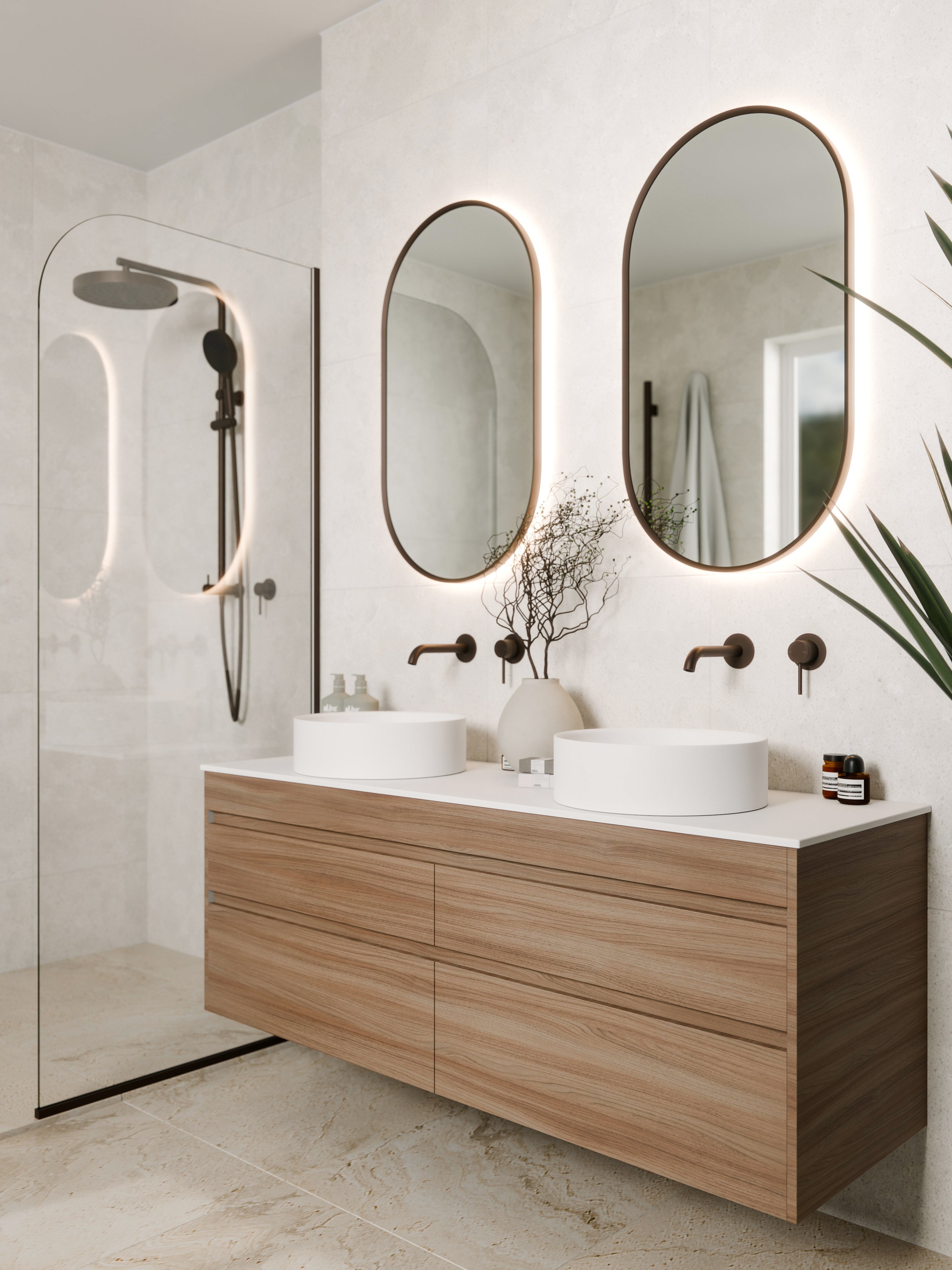 code-interiors-luxe-1200-contemporary-wall-hung-vanity-danish-walnut-timberland-finish-2-drawer-double-basin-bathroom-setting-solace-oval-mirror-shower-glass