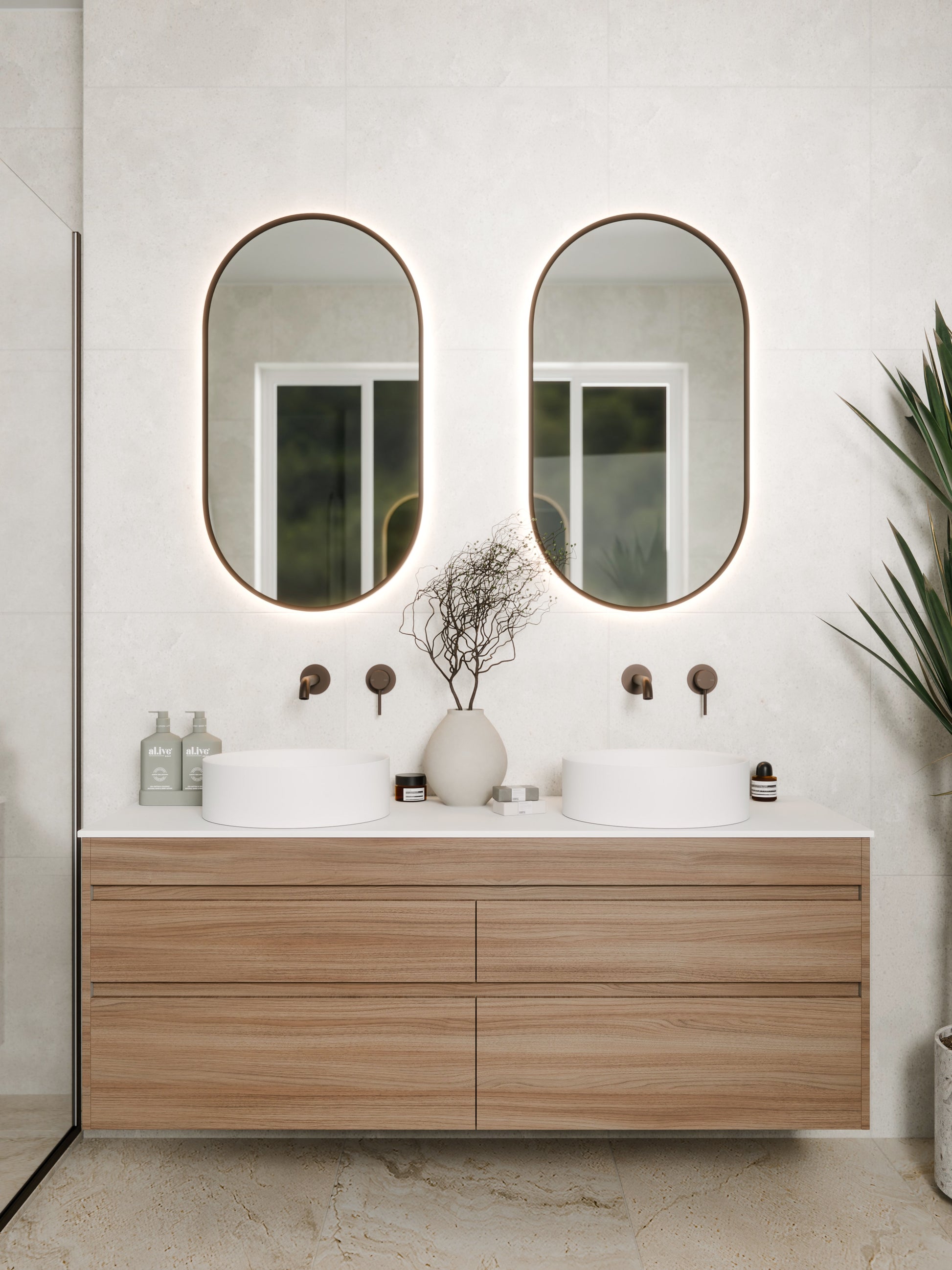 code-interiors-luxe-1500-contemporary-wall-hung-vanity-classic-oak-timberland-finish-4-drawer-double-basin-mirror-brushed-bronze-tapware
