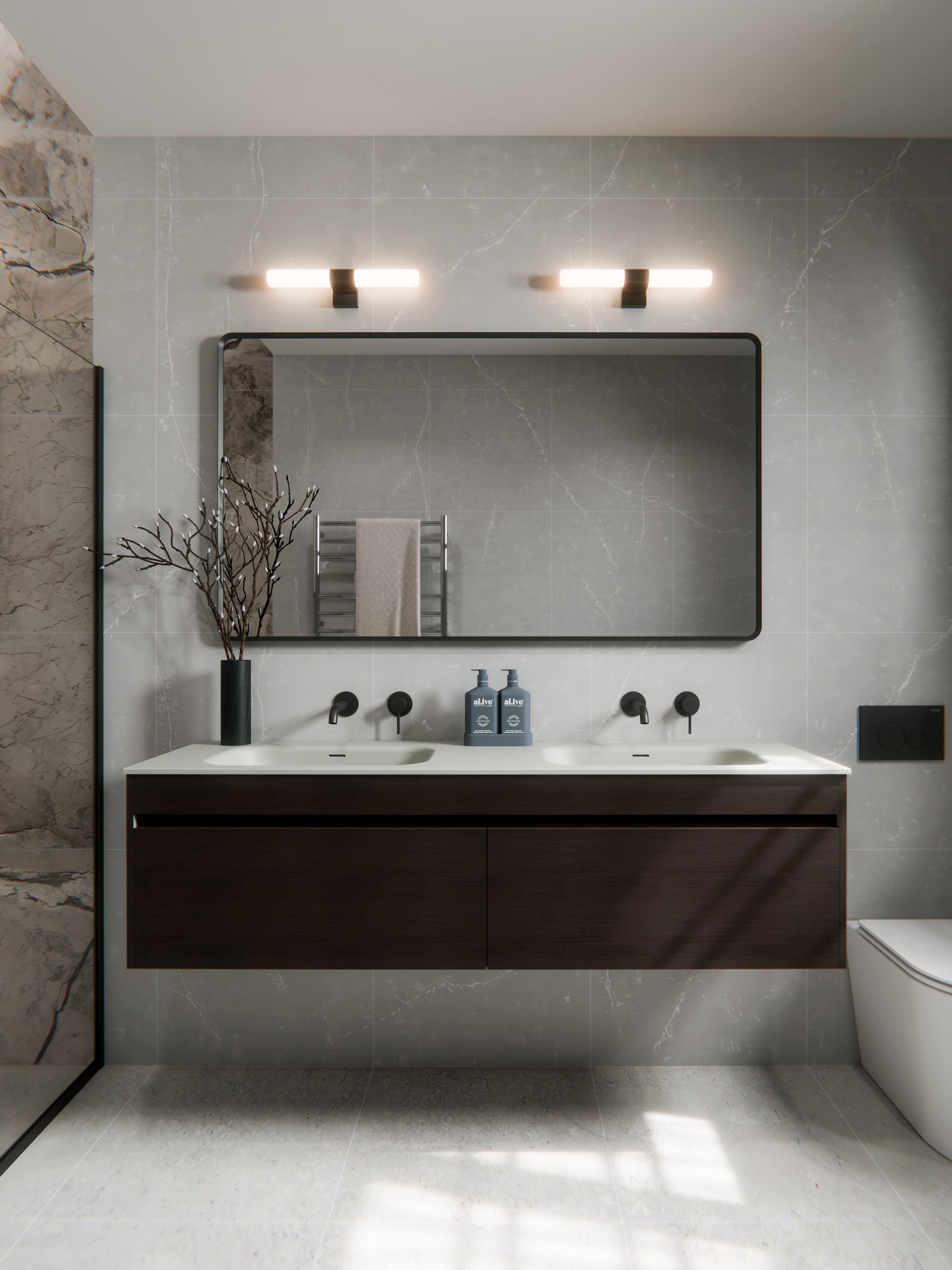 code-interiors-luxe-1200-contemporary-wall-hung-vanity-borders-oak-timberland-finish-single-drawer-double-basin-japanese-bathroom-setting-inwall-toilet