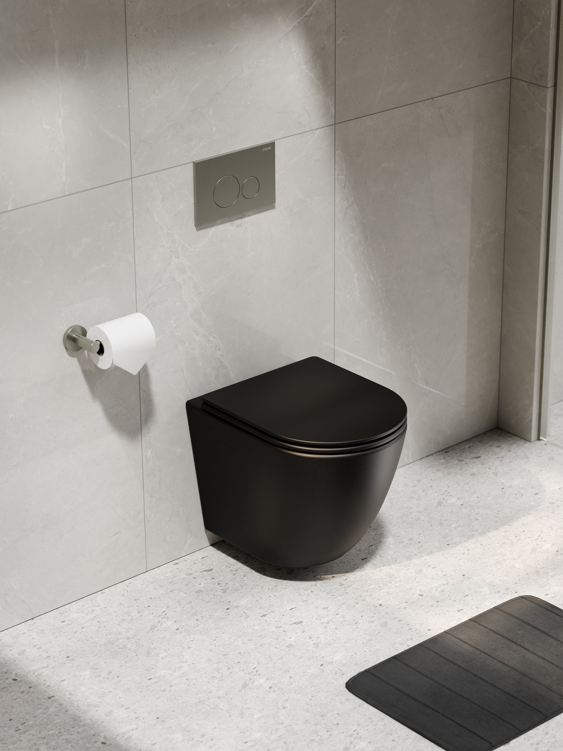 FLOW-WALL-HUNG-TYPHOON-TOILET-SUITE-MATTE-BLACK-BRUSHED-NICKEL-PANEL
