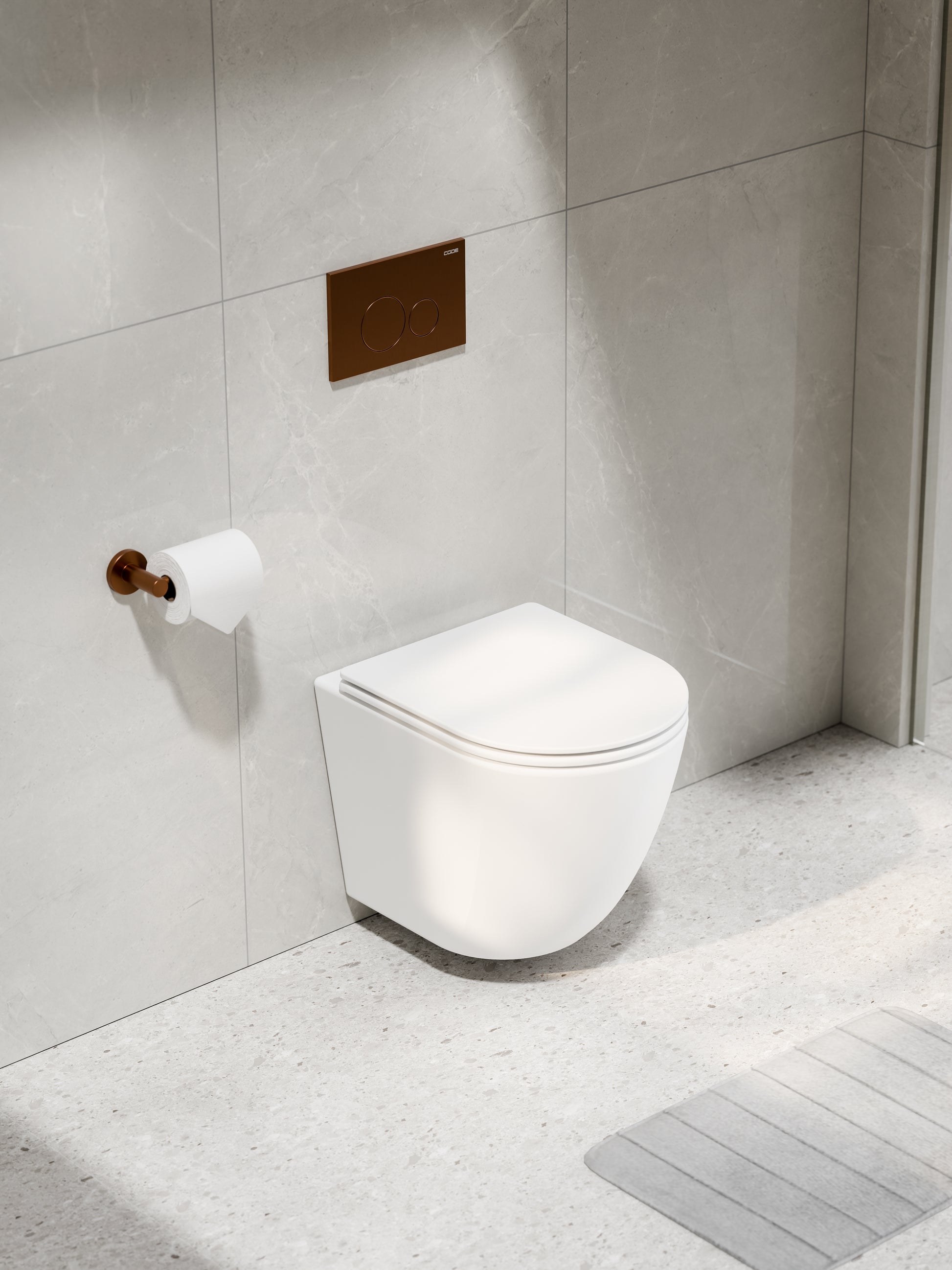 CODE-FLOW-TYPHOON-WALL-HUNG-MATTE-WHITE-TOILET-SUITE-BRUSHED-COPPER-BUTTON