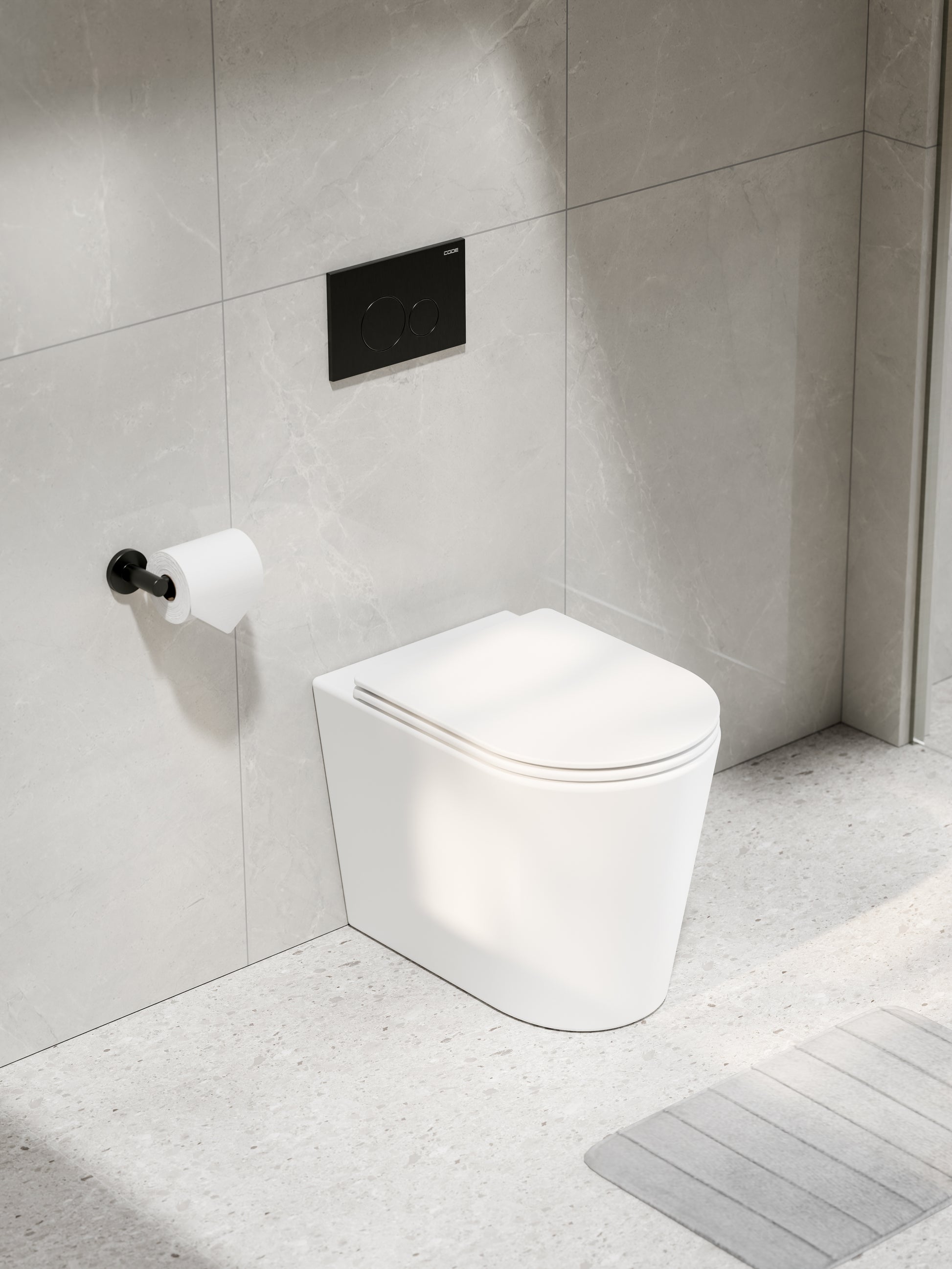 pure-typhoon-matte-white-gunmetal-flush-panel-in-tiled-bathroom-setting