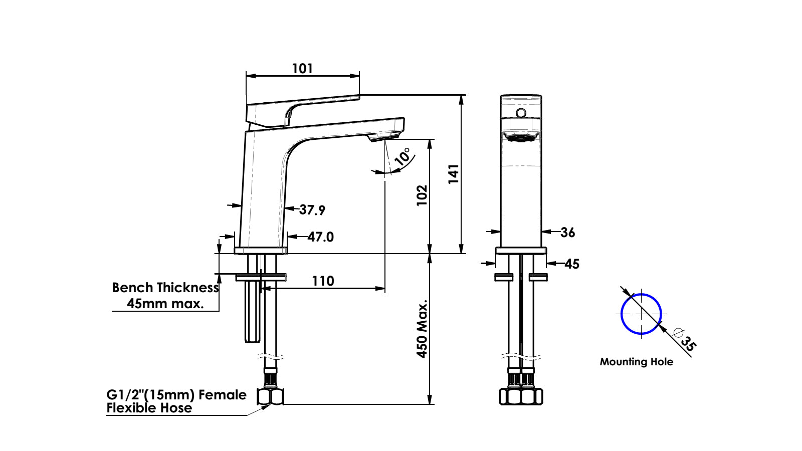 GREENS SWEPT BASIN MIXER - 5 COLOURS