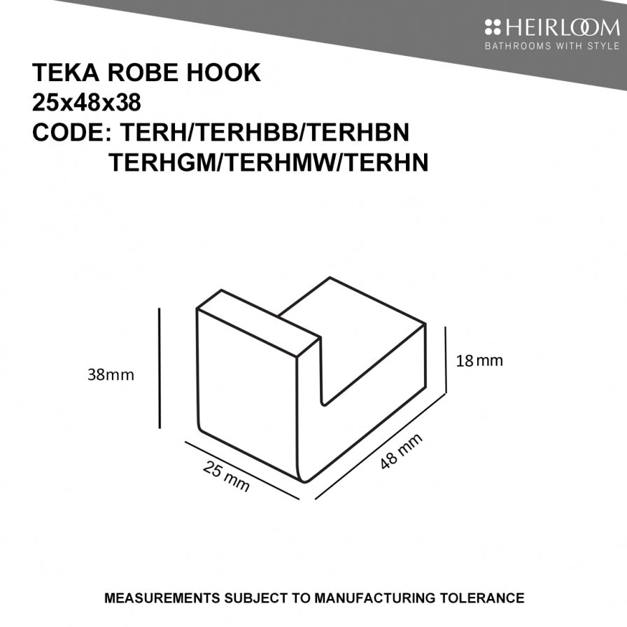 HEIRLOOM TEKA ROBE HOOKS - 6 COLOURS
