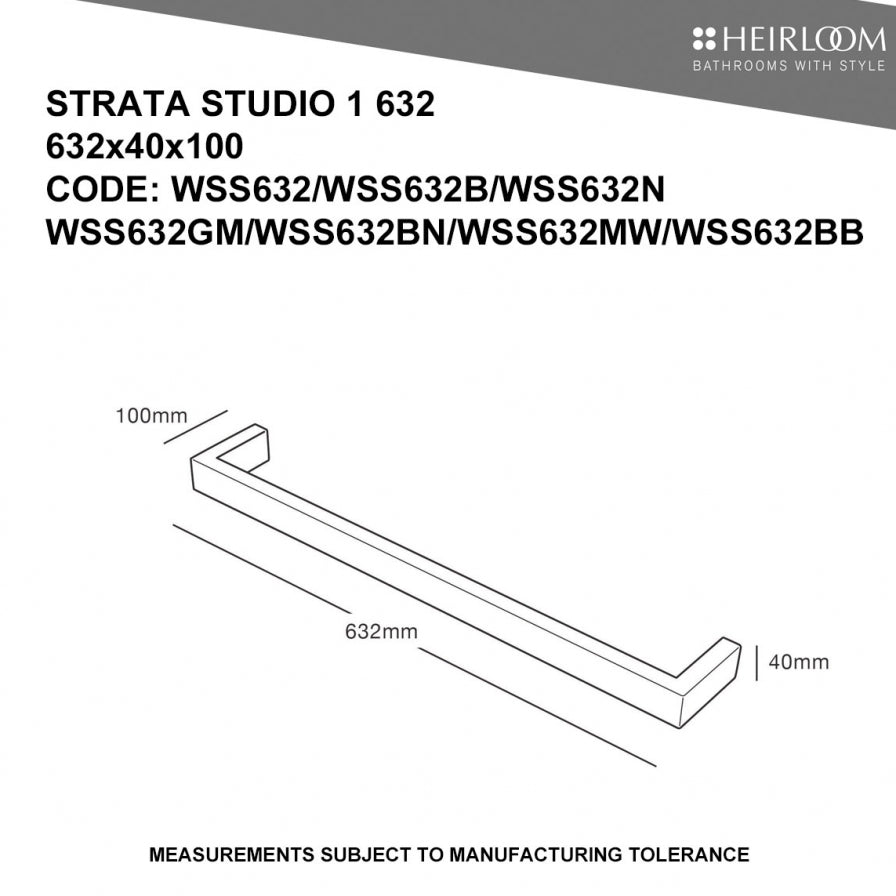 HEIRLOOM STRATA STUDIO 1 632MM SINGLE BAR TOWEL WARMER - 7 COLOURS