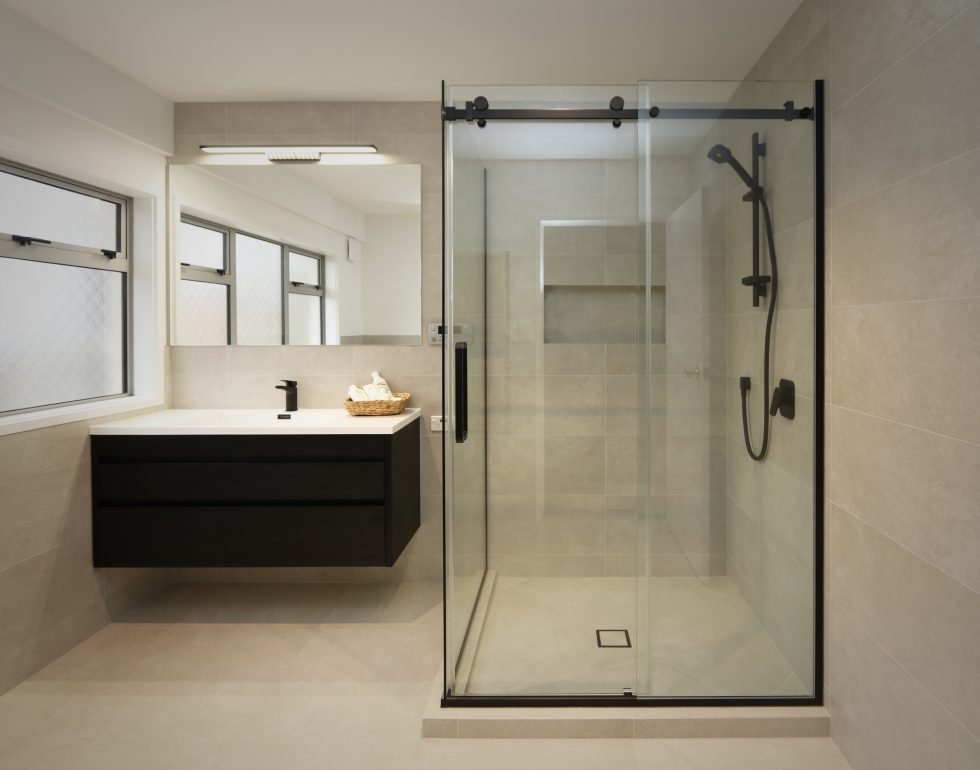 luxury-black-framless-glass-door-tiled-shower-kit-in-tiled-bathroom