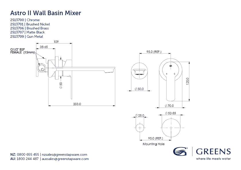 GREENS ASTRO II WALL BASIN MIXER - 5 COLOURS