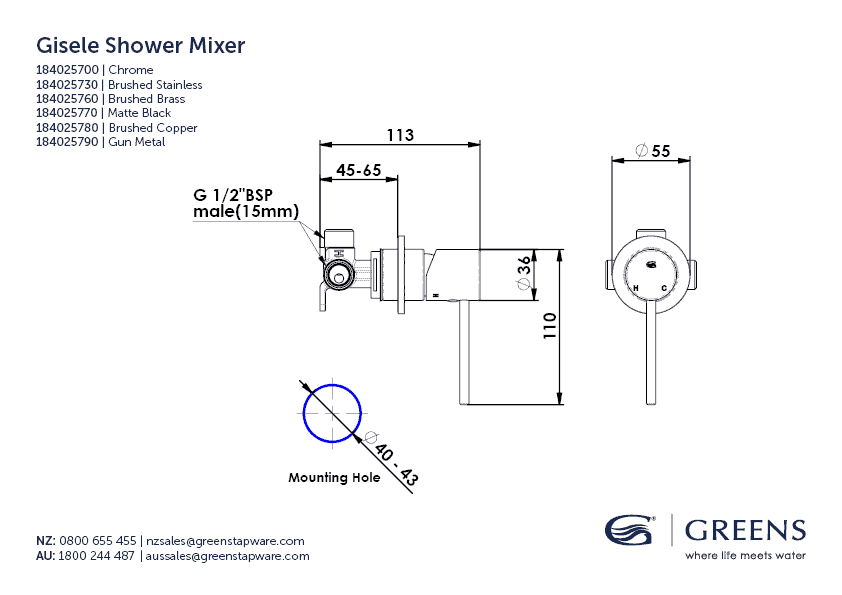 GREENS GISELE SHOWER MIXER - 6 COLOURS