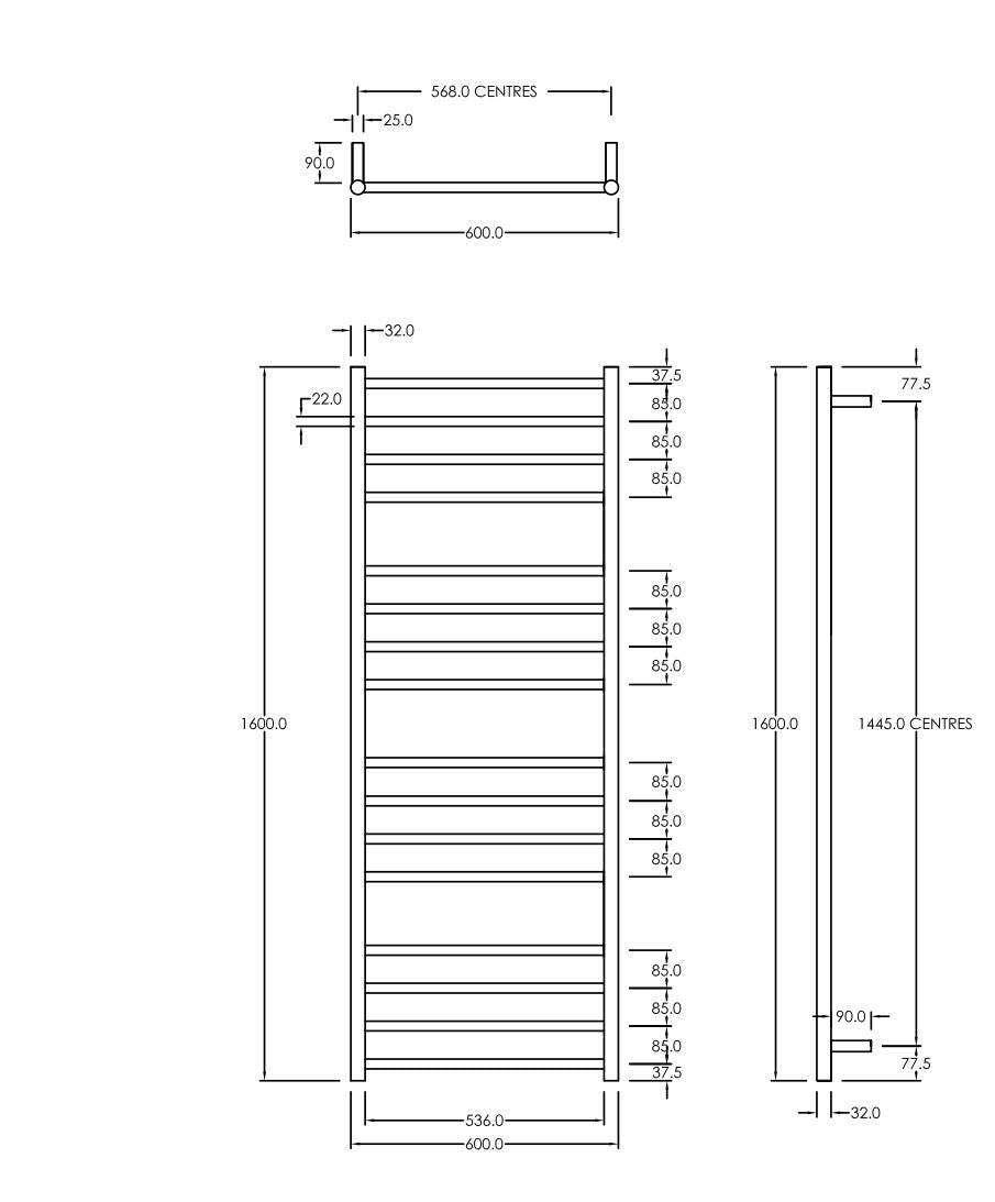 CODE ROUND HEATED TOWEL LADDER 1600X600MM - 2 COLOURS