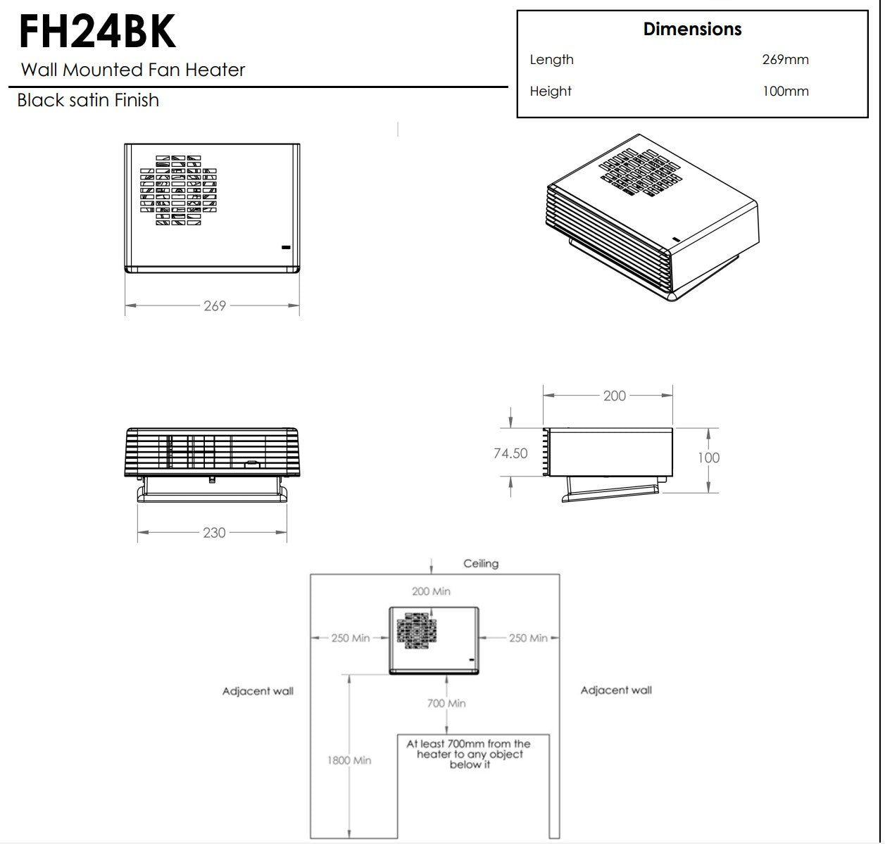 WEISS WALL MOUNTED FAN HEATER MATTE BLACK FH24BK Elite Bathroomware
