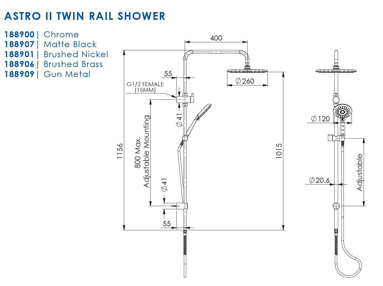 GREENS ROCCO TWIN RAIL SHOWER COLUMN - 5 COLOURS