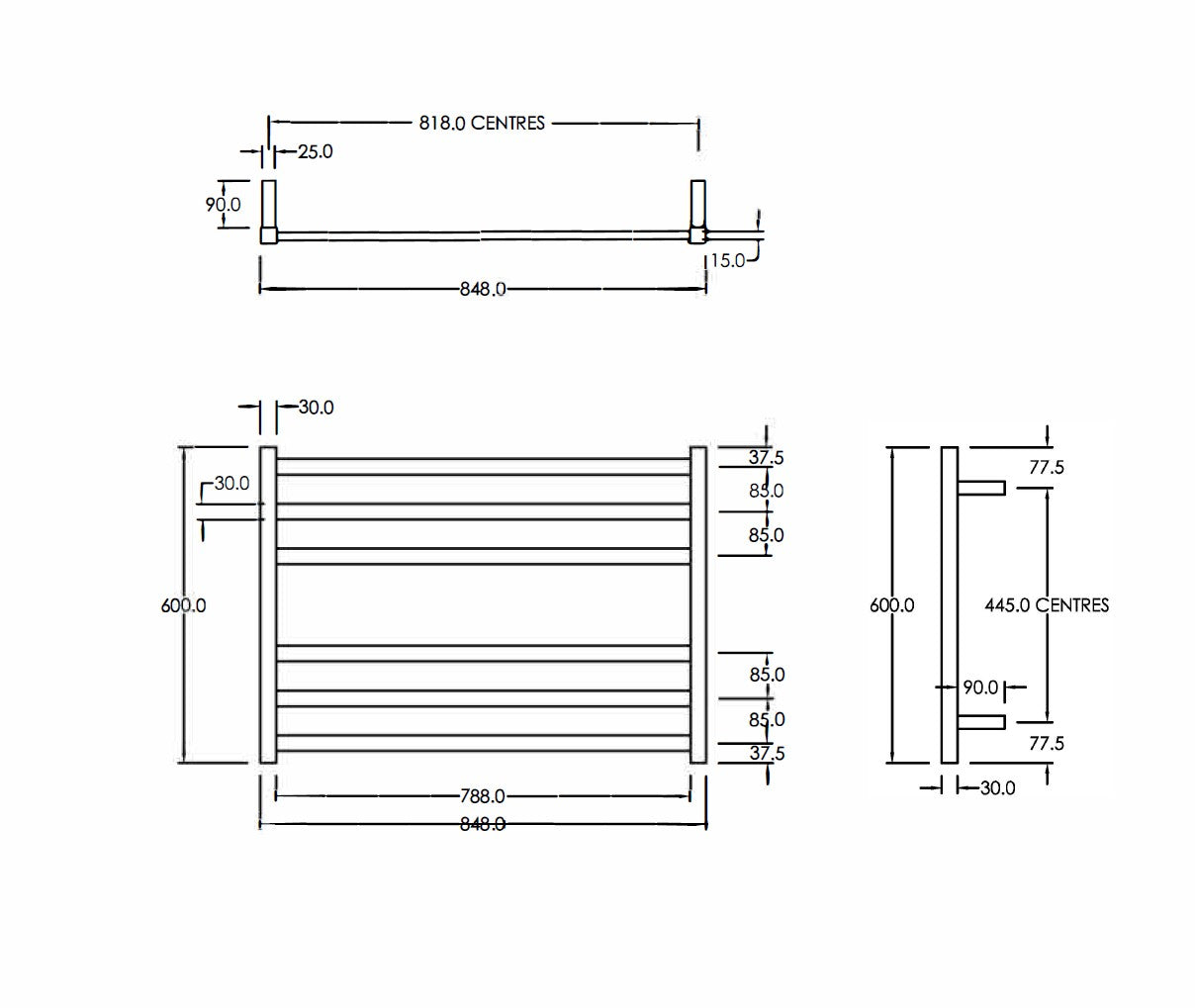 CODE SQUARE HEATED TOWEL LADDER 600X850MM - 2 COLOURS