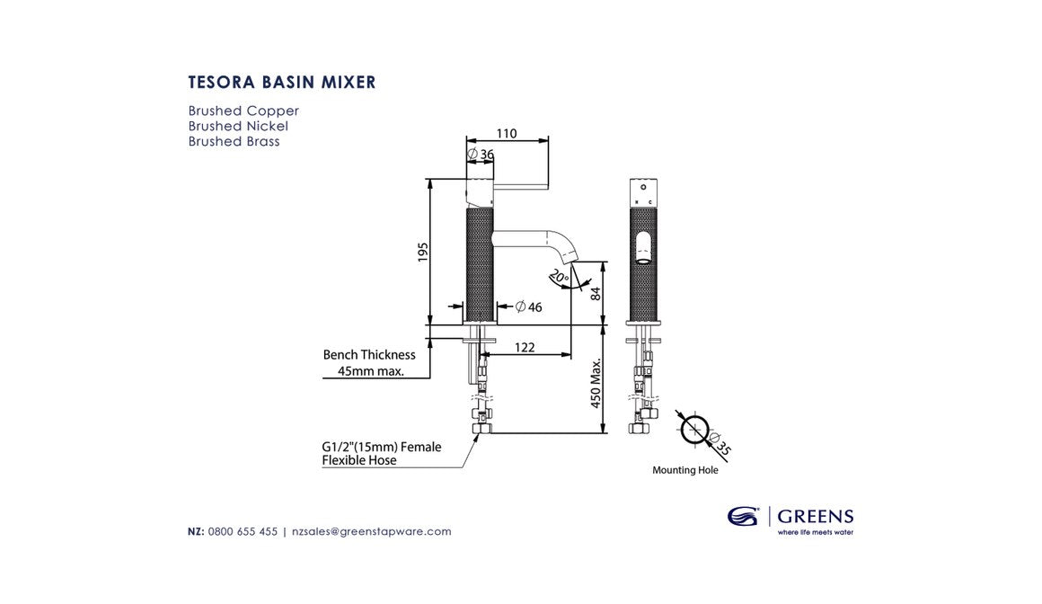 GREENS TESORA BASIN MIXER - 3 COLOURS