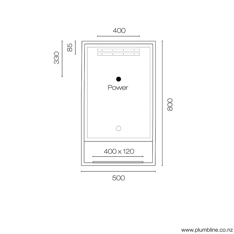 plumb line-frame-500-rectangle-led-mirror-with-shelf-spec-sheet