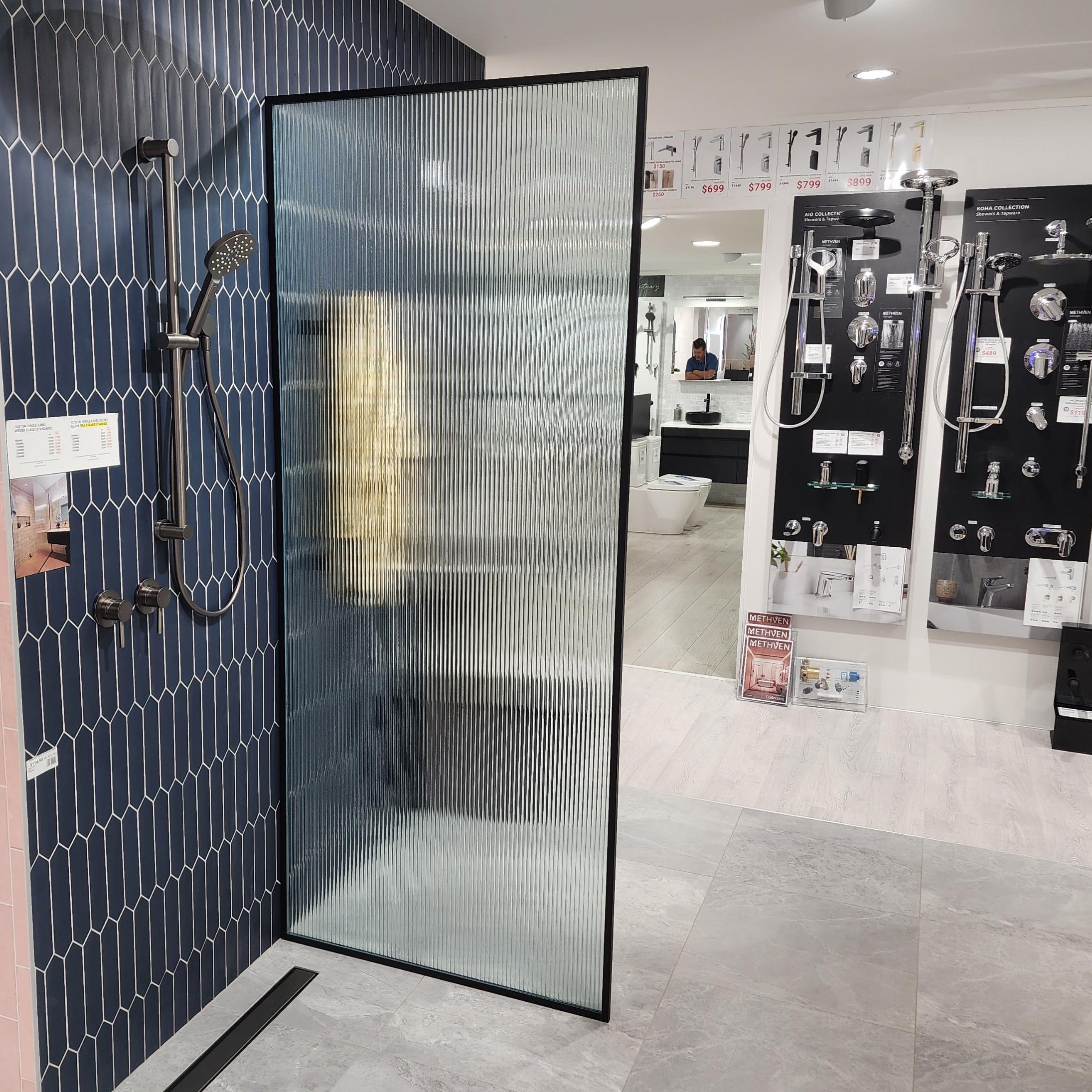 CUSTOM REEDED WALK IN PANEL SHOWER SCREEN WITH BLACK FRAME