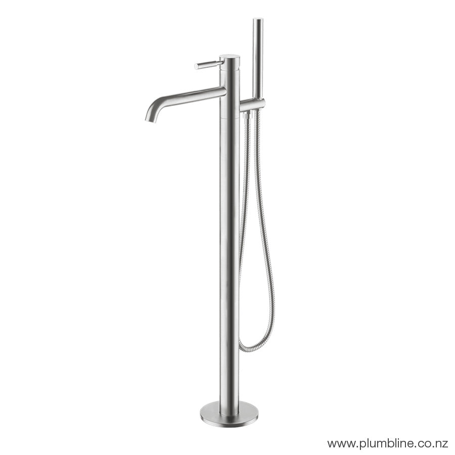 PLUMBLINE SWISS FLOOR MOUNTED BATH FILLER WITH HAND SPRAY BRUSHED STAINLESS