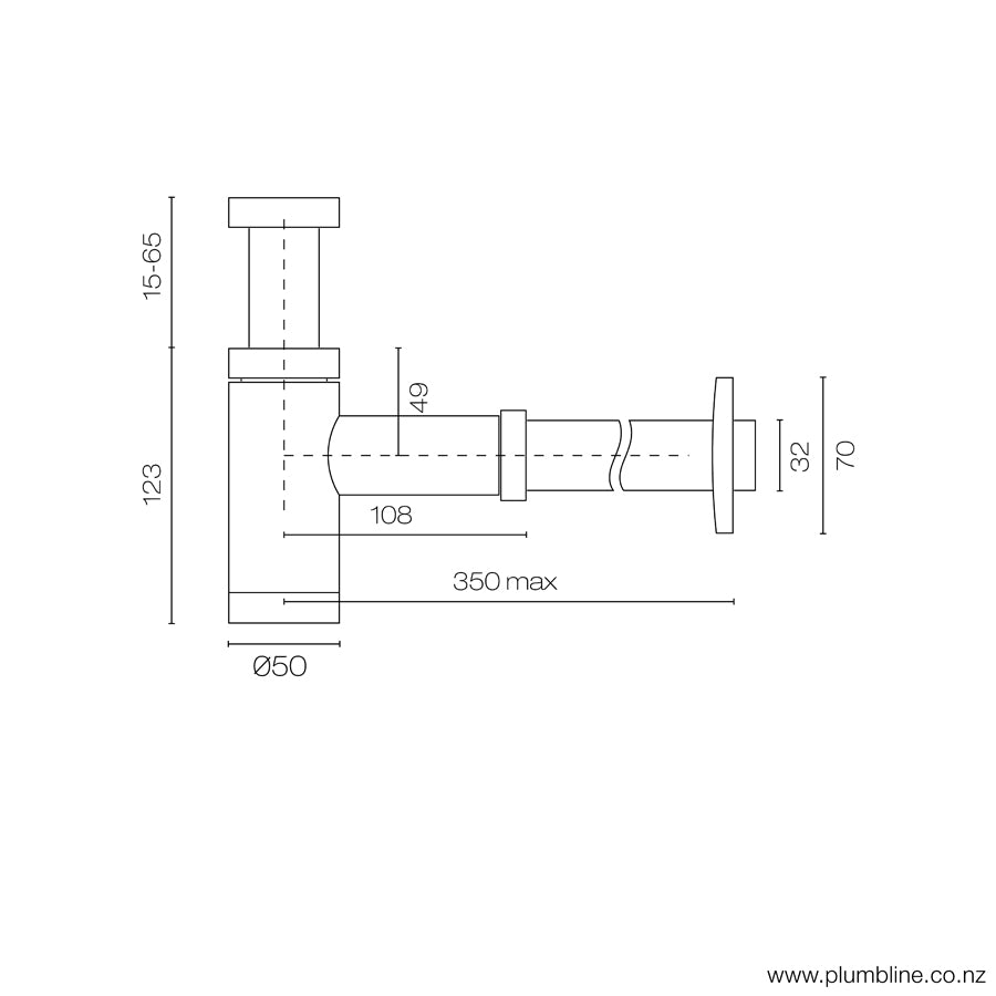 PLUMBLINE SWISS DELUXE BOTTLE TRAP 32MM BRUSHED STAINLESS