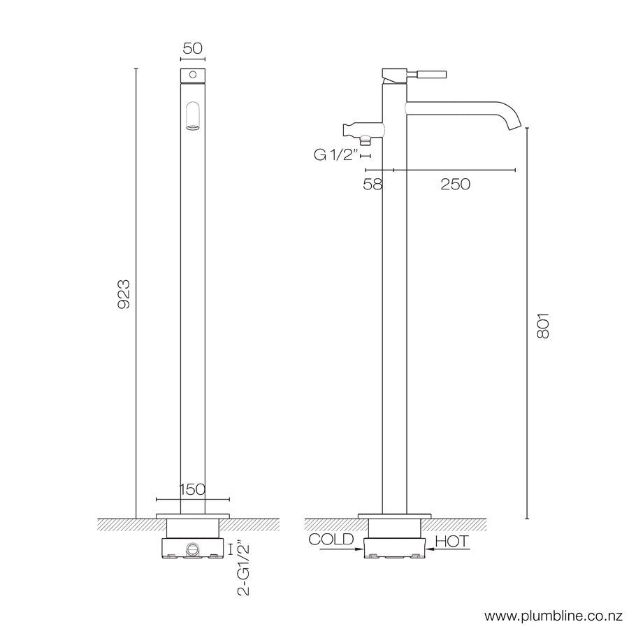 PLUMBLINE SWISS FLOOR MOUNTED BATH FILLER WITH HAND SPRAY BRUSHED STAINLESS